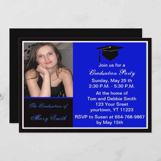 Uitnodiging voor Bright Blue Photo Graduation Part (Voorkant / Achterkant)