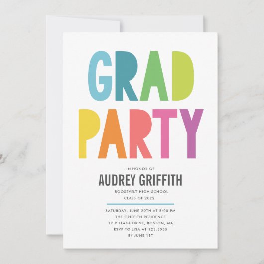 Uitnodiging voor Bright Colorful Afstudeerder Part (Voorkant)