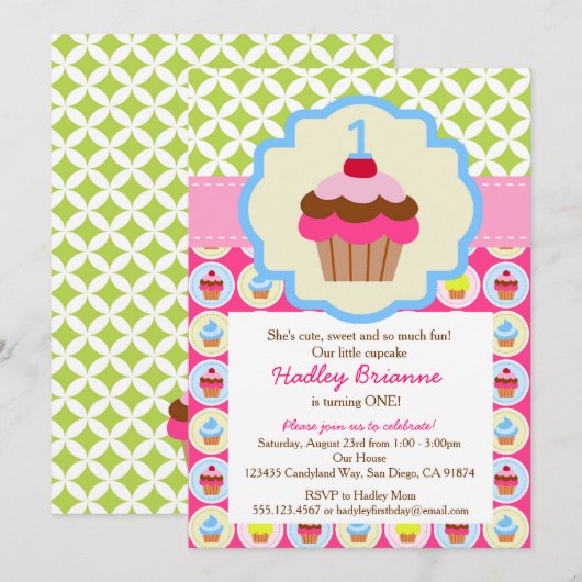 Uitnodiging voor Bright Cupcake 1st verjaardag (Voorkant / Achterkant)