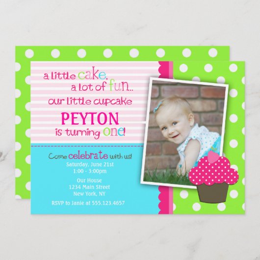 Uitnodiging voor Bright Cupcake 1st verjaardag (Voorkant / Achterkant)