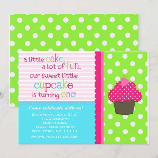 Uitnodiging voor Bright Cupcake 1st verjaardag (Voorkant / Achterkant)