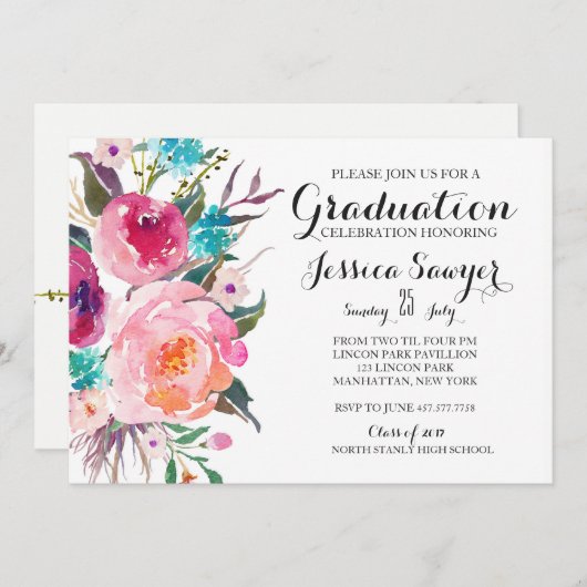 Uitnodiging voor Bright Floral Graduation party (Voorkant / Achterkant)