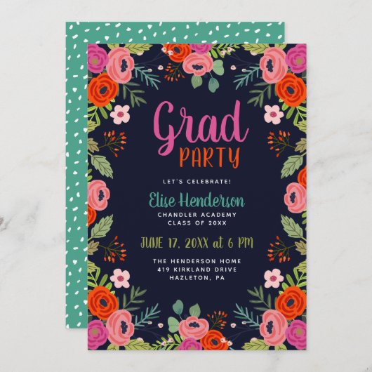 Uitnodiging voor Bright Floral Graduation Party (Voorkant / Achterkant)