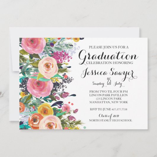 Uitnodiging voor Bright Floral Graduation party (Voorkant)