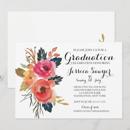 Uitnodiging voor Bright Floral Graduation party (Voorkant / Achterkant)