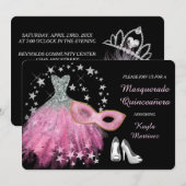 Uitnodiging voor Bright Pink Masquerade Quinceaner (Voorkant / Achterkant)