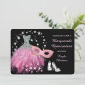 Uitnodiging voor Bright Pink Masquerade Quinceaner (Staand voorkant)