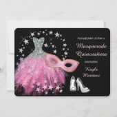 Uitnodiging voor Bright Pink Masquerade Quinceaner (Voorkant)