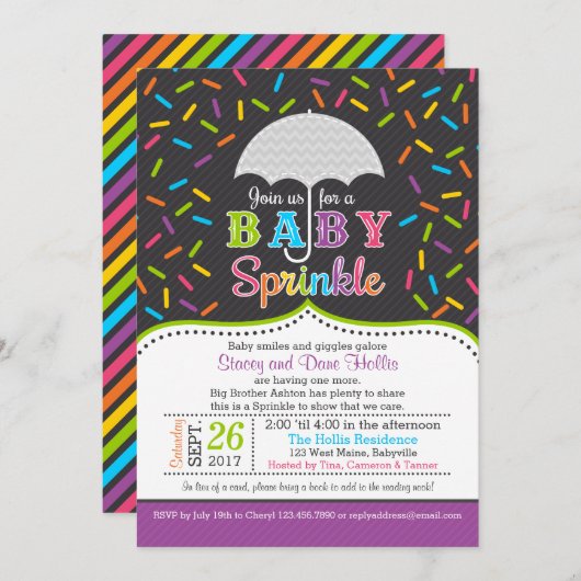Uitnodiging voor Bright Rainbow Baby Sprinkle Umbr (Voorkant / Achterkant)