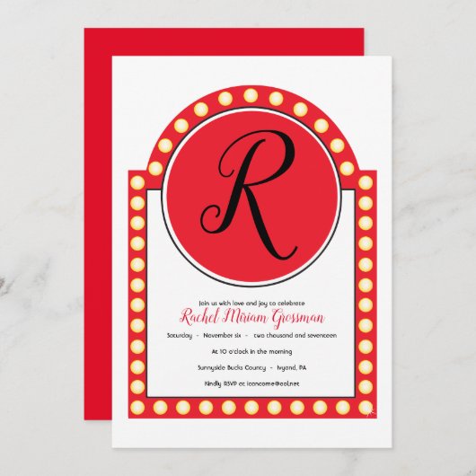 Uitnodiging voor Broadway Sign Marquee Bat Mitzvah (Voorkant / Achterkant)