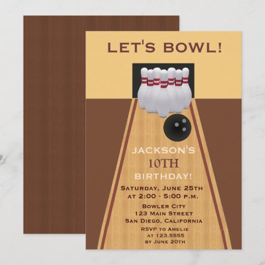 Uitnodiging voor Brown Bowling Birthday Party (Voorkant / Achterkant)