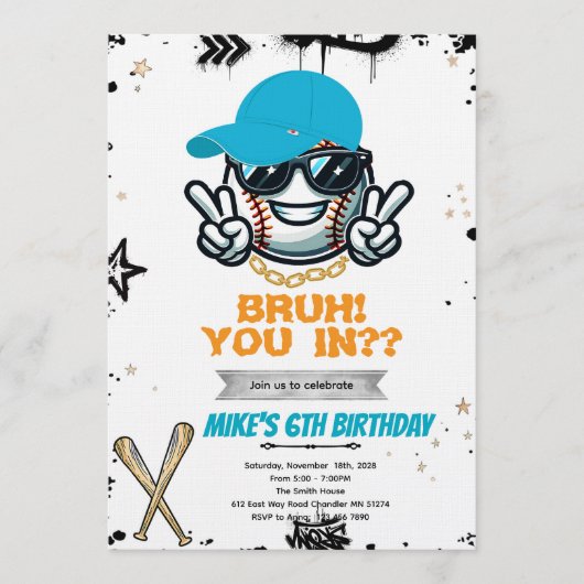 Uitnodiging voor bruh tieners baseballfeestje (Voorkant)