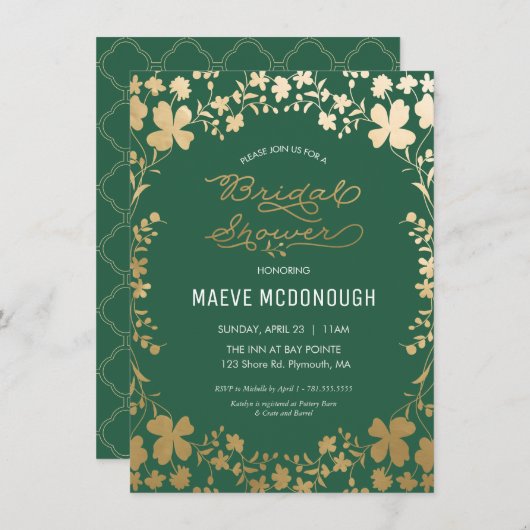 Uitnodiging voor bruidsdouche,  groen en goud (Voorkant / Achterkant)