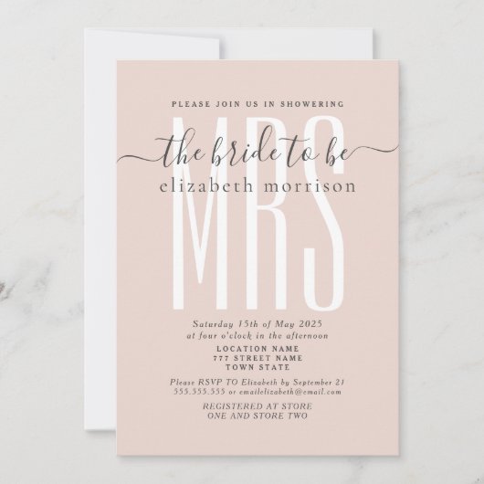 Uitnodiging voor bruidsdouche met Blush Script (Voorkant)
