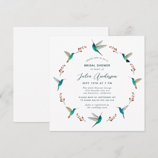 Uitnodiging voor bruidsdouche met kolibrie (Voorkant / Achterkant)