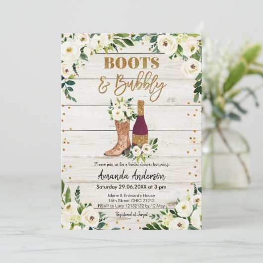 Uitnodiging voor bruidsdouche met laarzen en bubbe (Staand voorkant)