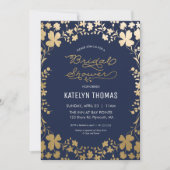Uitnodiging voor bruidsdouche, Navy Gold Flower (Voorkant)