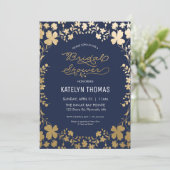 Uitnodiging voor bruidsdouche, Navy Gold Flower (Staand voorkant)