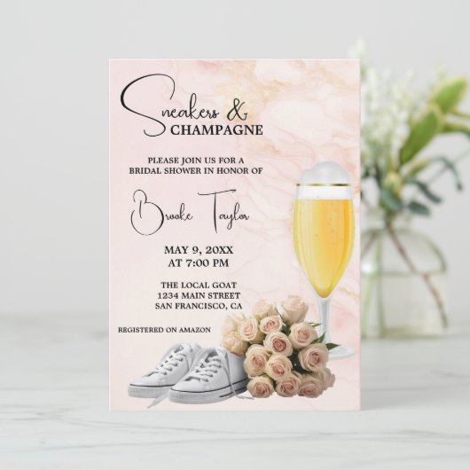 Uitnodiging voor bruidsdouche sneakers en Champagn (Staand voorkant)