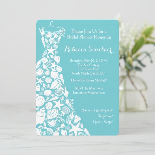 Uitnodiging voor bruidsdouche, strand, Zee Shell J (Staand voorkant)