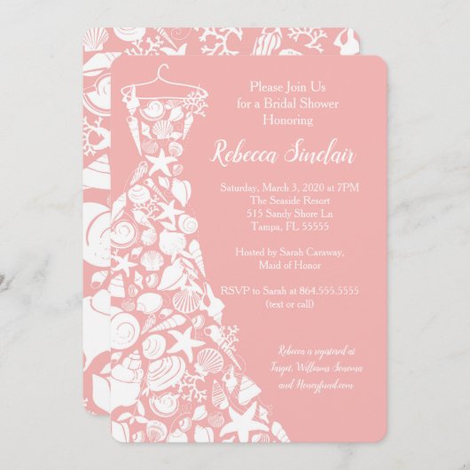 Uitnodiging voor bruidsdouche, strand, Zee Shell J (Voorkant / Achterkant)