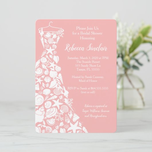 Uitnodiging voor bruidsdouche, strand, Zee Shell J (Staand voorkant)