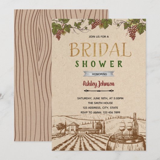Uitnodiging voor bruidsdouche thema rustieke wijng (Voorkant / Achterkant)
