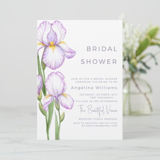 Uitnodiging voor bruidsfeest "Delicate irises" (Staand voorkant)