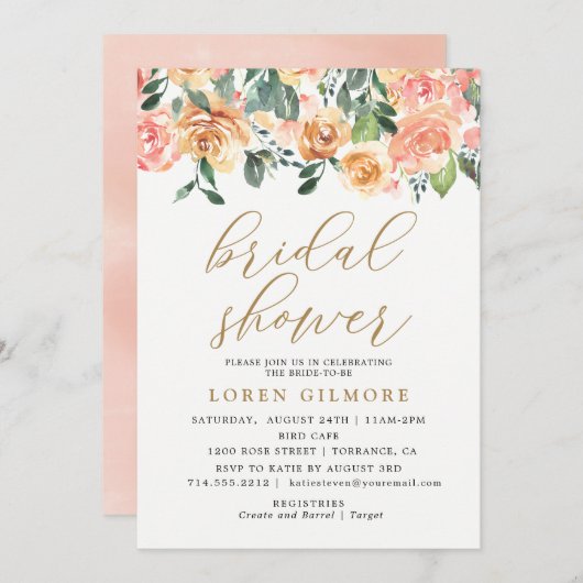 Uitnodiging voor bruidsfeest met gouden perzik blo (Voorkant / Achterkant)