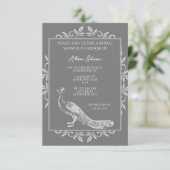 Uitnodiging voor bruidsfeest met grijze pauw en bl (Staand voorkant)