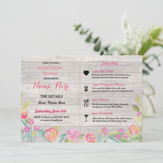 Uitnodiging voor bruidsfeest met roze bloemen (Staand voorkant)