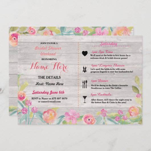 Uitnodiging voor bruidsfeest met roze bloemen (Voorkant / Achterkant)