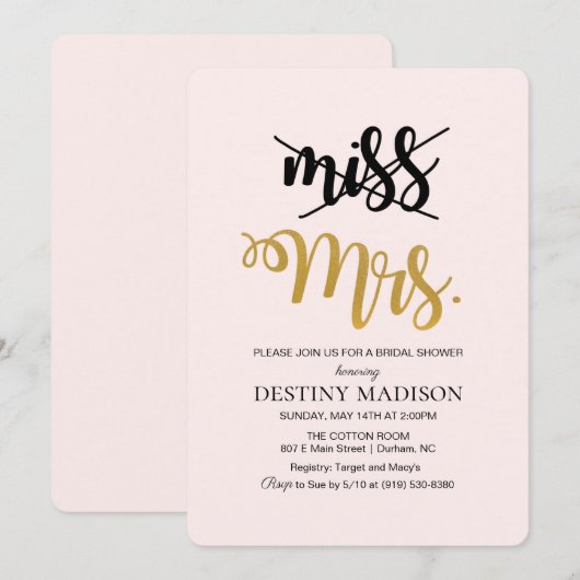 Uitnodiging voor bruidsfeest van Miss naar Mrs. (Voorkant / Achterkant)