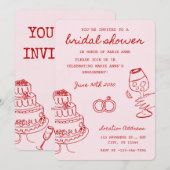 Uitnodiging voor bruidsmeisjesfeest met rode en ro (Voorkant / Achterkant)