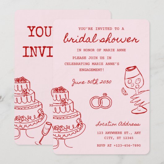 Uitnodiging voor bruidsmeisjesfeest met rode en ro (Voorkant / Achterkant)