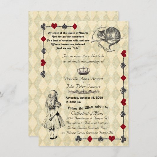 Uitnodiging voor bruiloft "Alice in Wonderland" 4x (Voorkant / Achterkant)