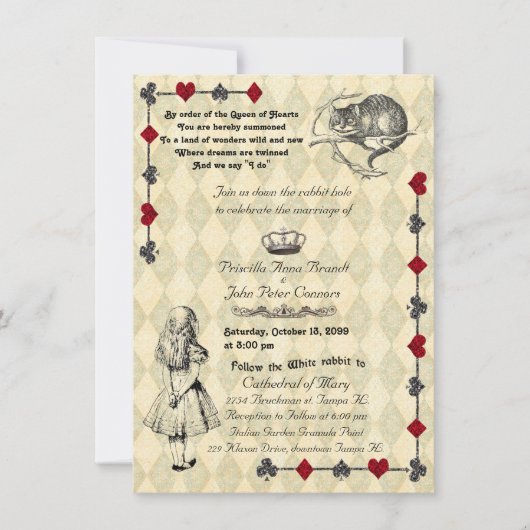 Uitnodiging voor bruiloft "Alice in Wonderland" 4x (Voorkant)