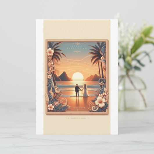 Uitnodiging voor bruiloft bij zonsondergang aan he (Staand voorkant)