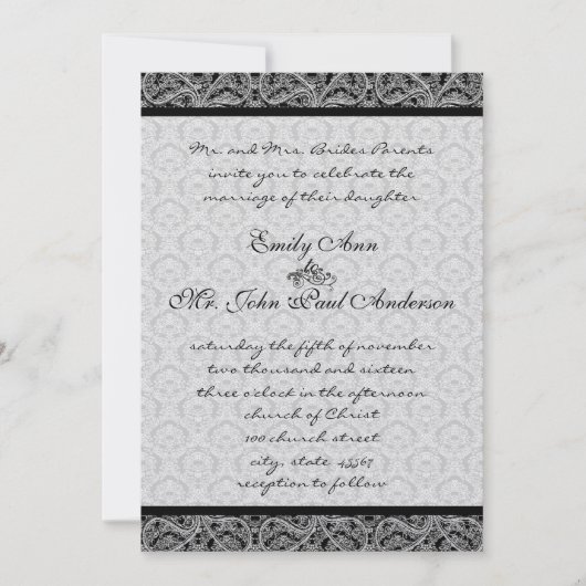 uitnodiging voor bruiloft Black Damask Wedding (Voorkant)