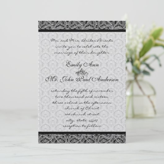 uitnodiging voor bruiloft Black Damask Wedding (Staand voorkant)