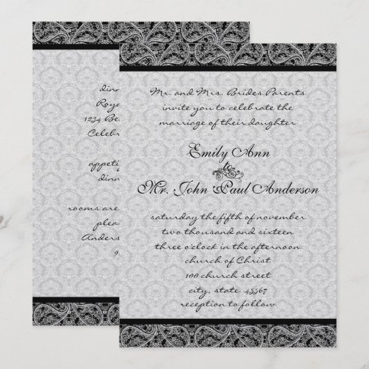  uitnodiging voor bruiloft Black Damask Wedding (Voorkant / Achterkant)