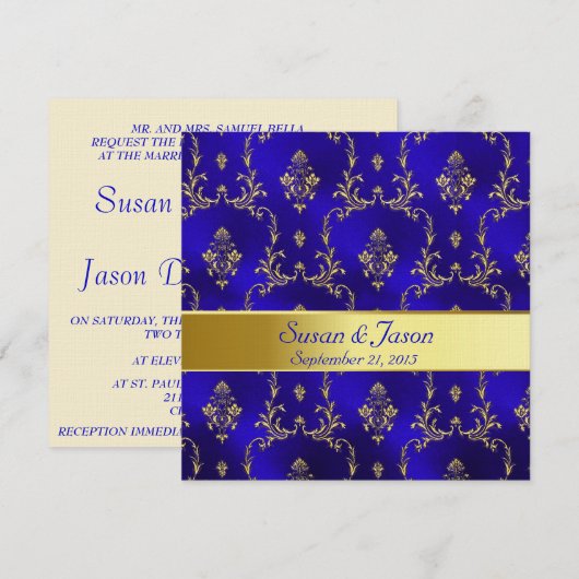 Uitnodiging voor bruiloft—Blauw & goud (Voorkant / Achterkant)