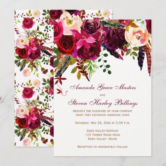 Uitnodiging voor bruiloft - Bourgondische bloemen, (Voorkant / Achterkant)