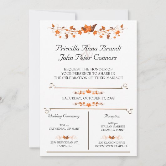 Uitnodiging voor bruiloft ceremonie, herfst verlaa (Voorkant)