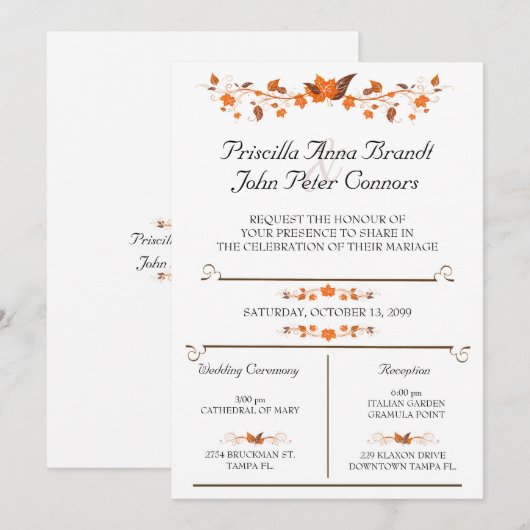 Uitnodiging voor bruiloft ceremonie, herfst verlaa (Voorkant / Achterkant)