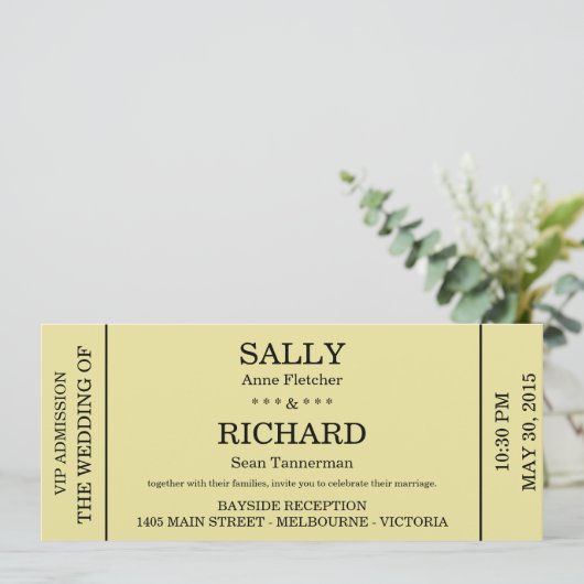 Uitnodiging voor bruiloft (concertkaartje gestouwd (Staand voorkant)