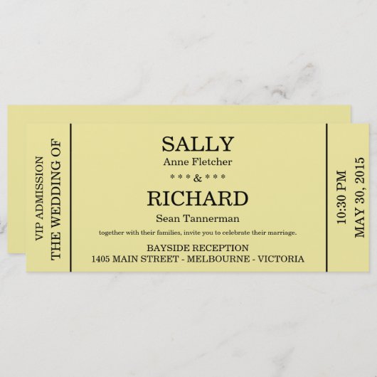 Uitnodiging voor bruiloft (concertkaartje gestouwd (Voorkant / Achterkant)