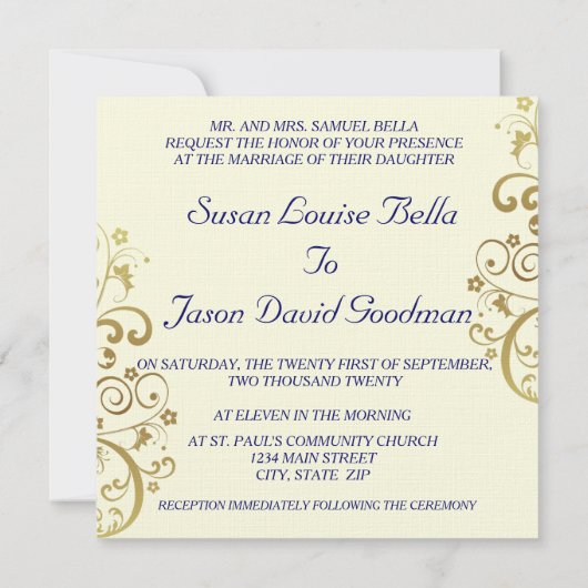 Uitnodiging voor bruiloft—Donkerblauw & goudzirls (Achterkant)