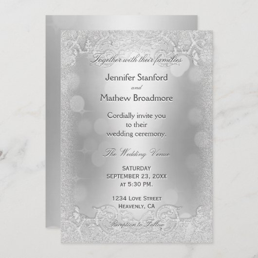 Uitnodiging voor bruiloft Elegant Silver Faux Glit (Voorkant / Achterkant)