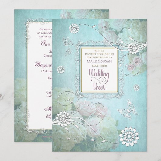 Uitnodiging voor bruiloft, elegante Floral, vlinde (Voorkant / Achterkant)